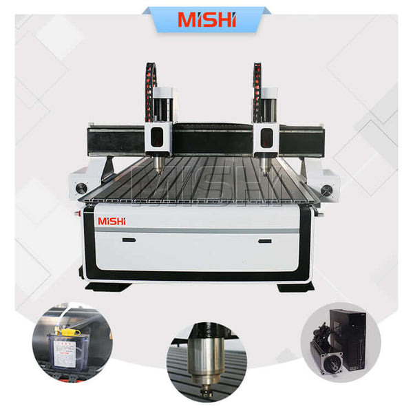 Industrial CNC machine with multiple components and brand logo highlighted in the center for precision manufacturing.