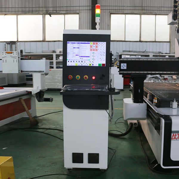 Control panel of 4 Axis ATC CNC Router for woodworking, showing interface for cutting, engraving, drilling, and grooving.