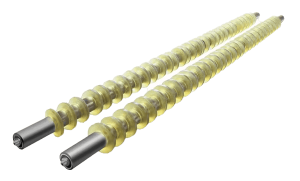 Twin mechanical augers with metal shaft and plastic spirals isolated on white background