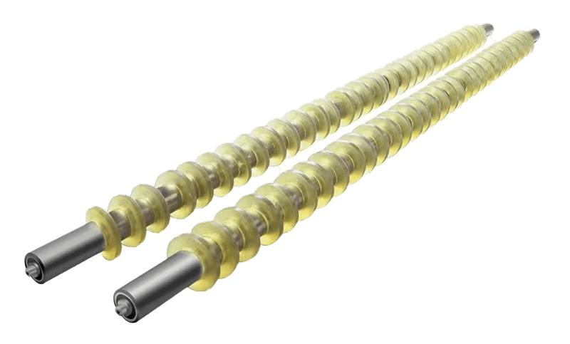 Twin mechanical augers with metal shaft and plastic spirals isolated on white background